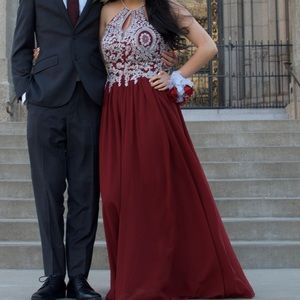 maroon red bejeweled long fancy prom dress halter